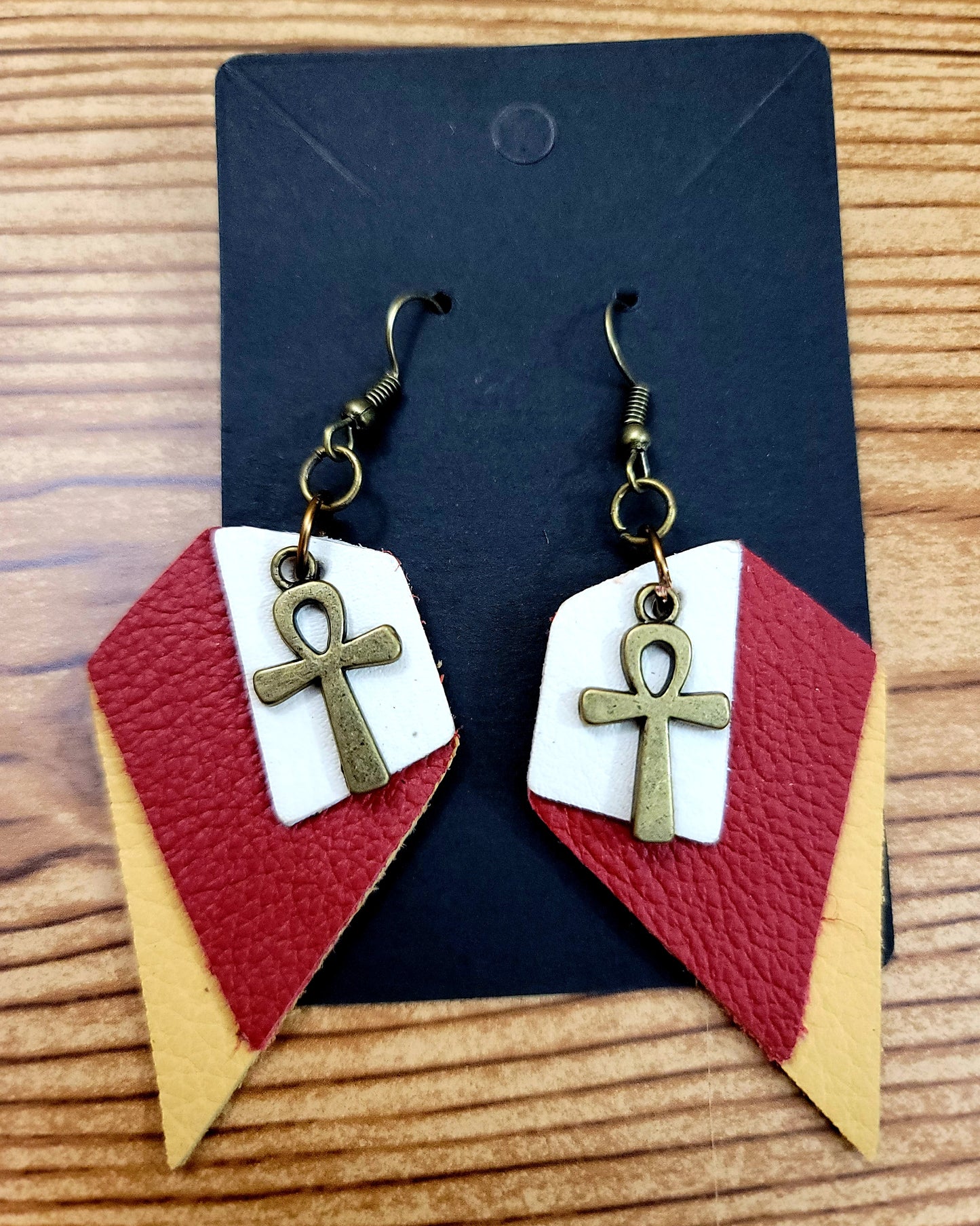 Genuine Leather: Red/Yellow/Beige Three Layer Asymmetrical Earrings with Ankh Cross Charm