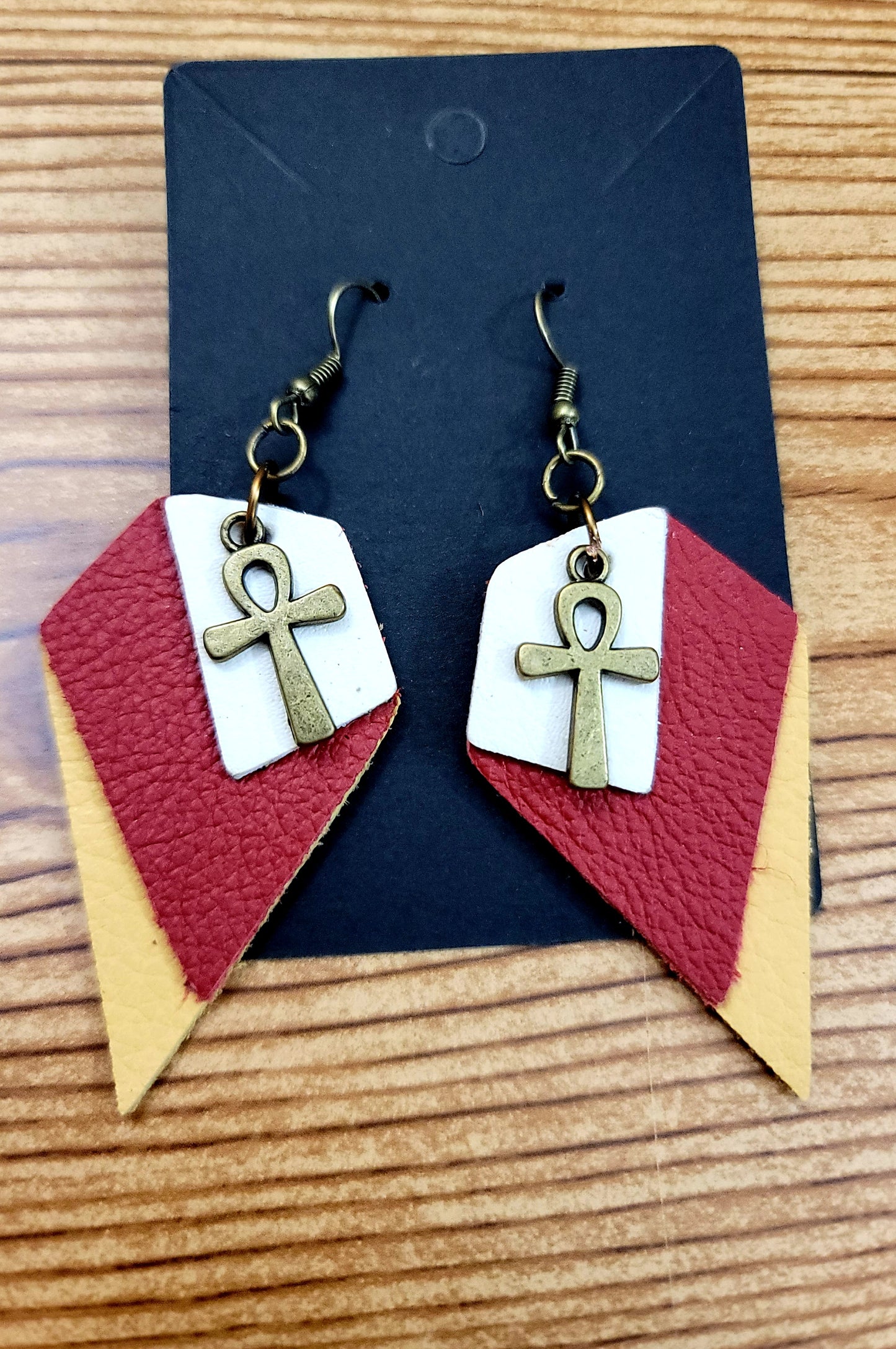Genuine Leather: Red/Yellow/Beige Three Layer Asymmetrical Earrings with Ankh Cross Charm