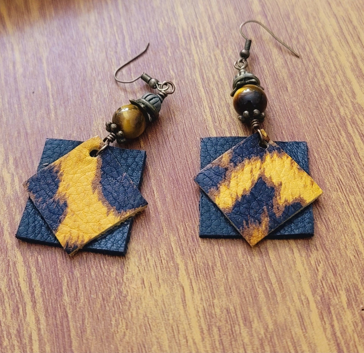 Genuine Leather Earrings Tiger Eye Beads and Leopard Print Leather Earrings