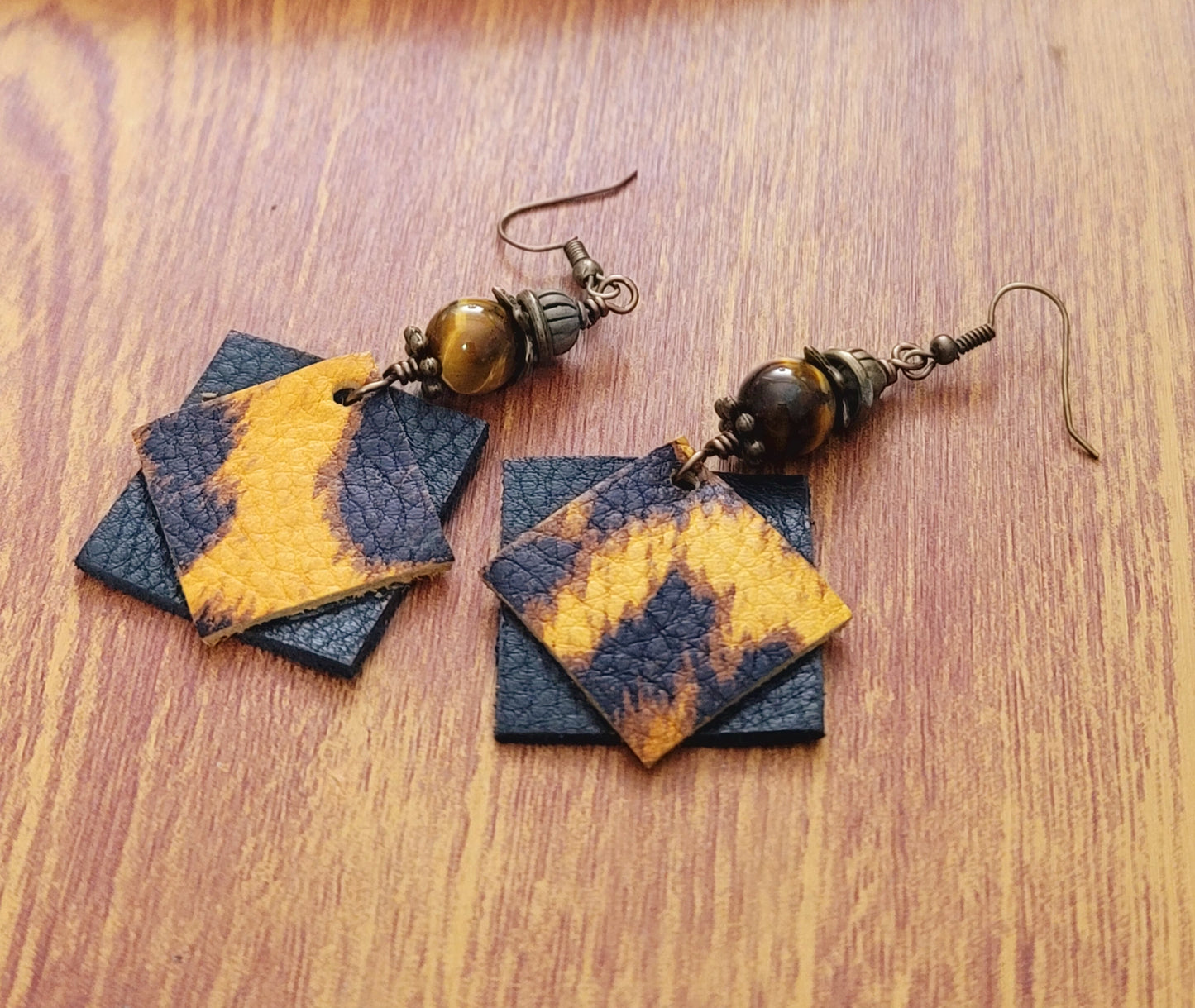 Genuine Leather Earrings Tiger Eye Beads and Leopard Print Leather Earrings