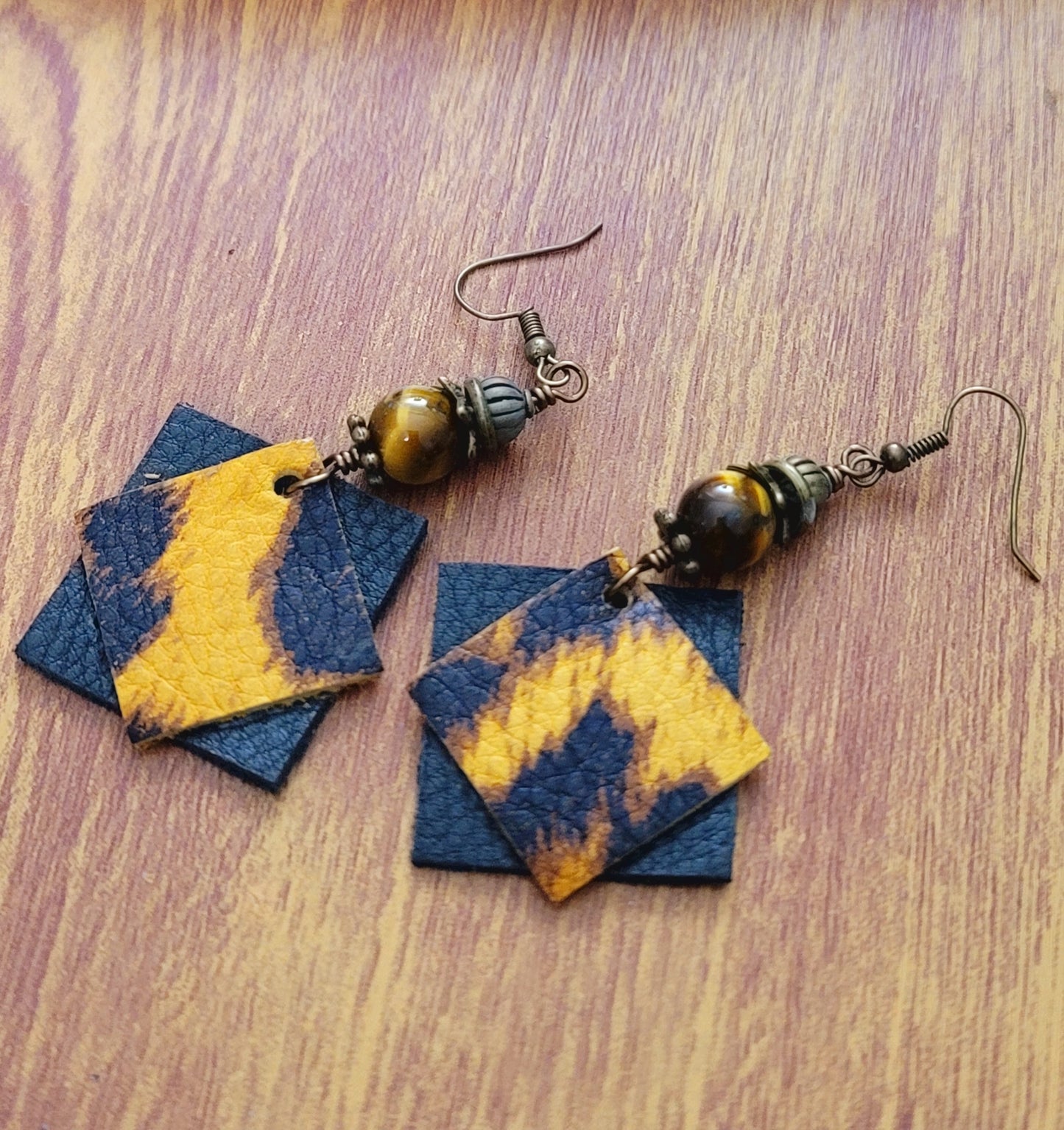 Genuine Leather Earrings Tiger Eye Beads and Leopard Print Leather Earrings