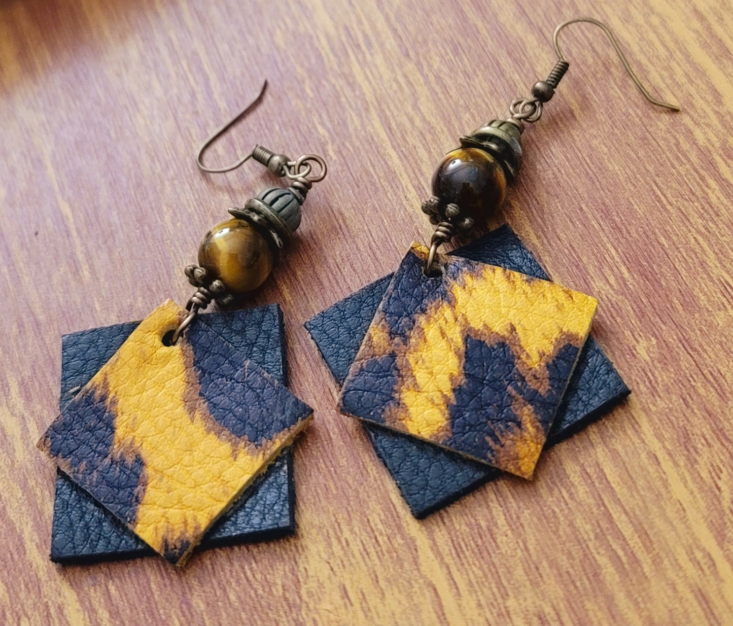 Genuine Leather Earrings Tiger Eye Beads and Leopard Print Leather Earrings