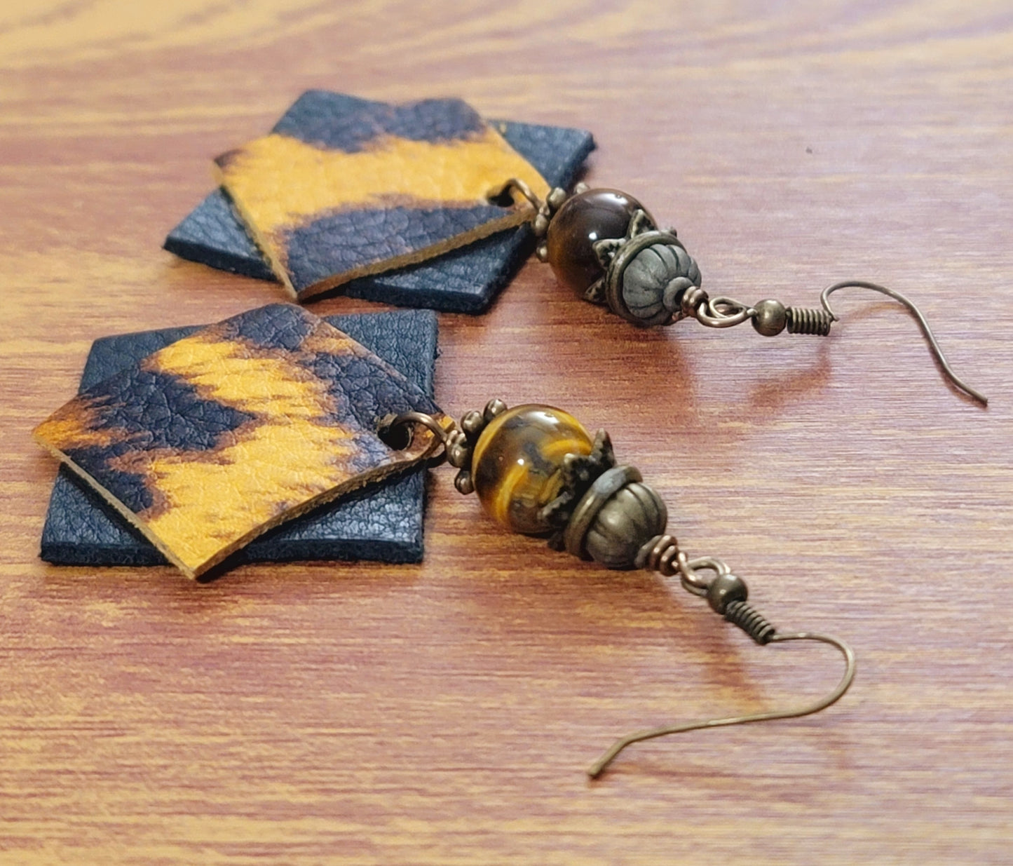 Genuine Leather Earrings Tiger Eye Beads and Leopard Print Leather Earrings