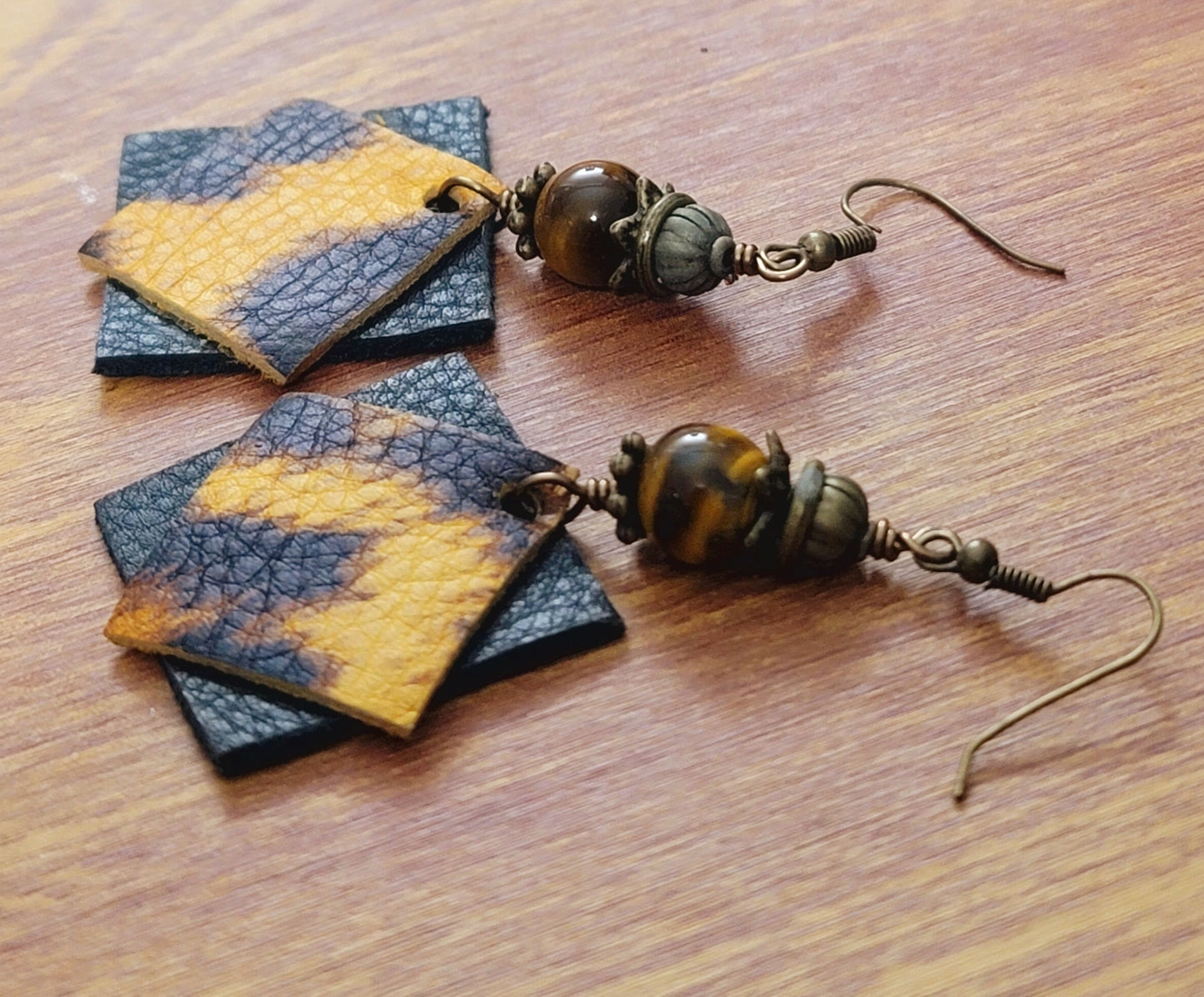 Genuine Leather Earrings Tiger Eye Beads and Leopard Print Leather Earrings