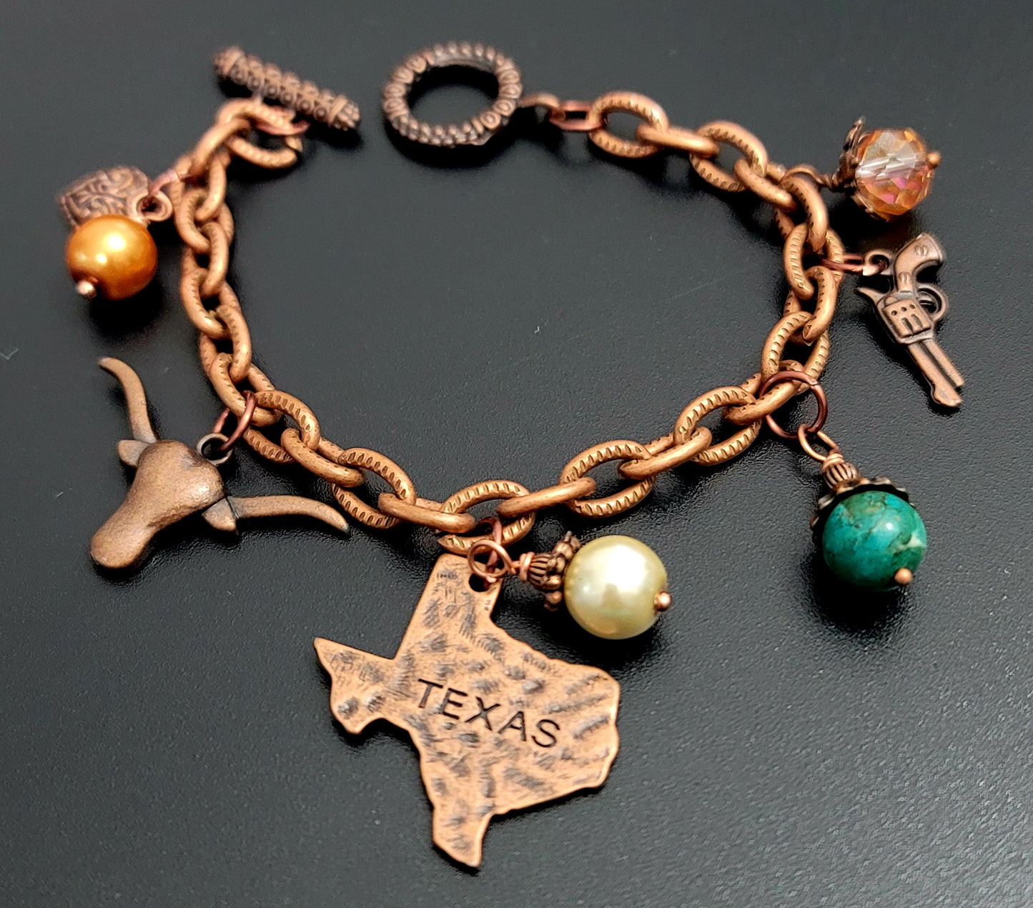 Rustic Texas Charm Bracelet – Antique Copper with Imperial Jasper & Glass Pearls