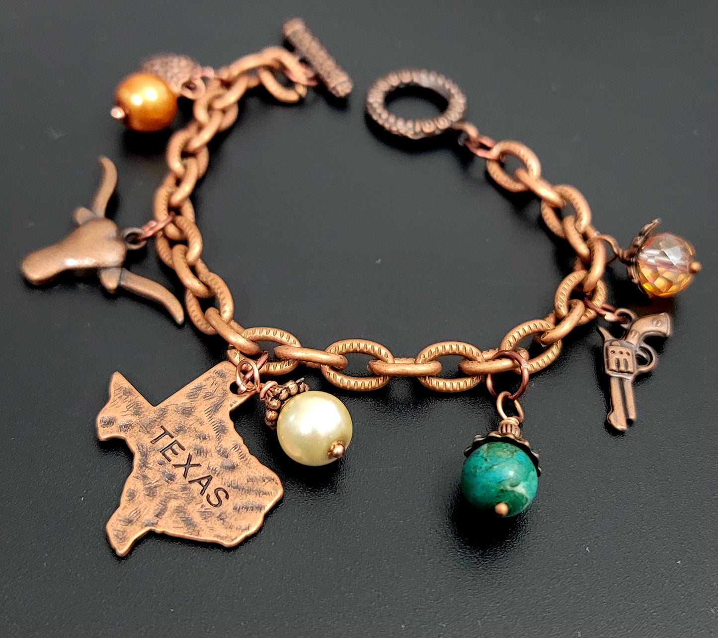 Rustic Texas Charm Bracelet – Antique Copper with Imperial Jasper & Glass Pearls