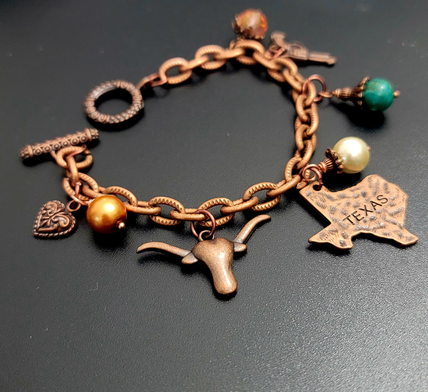 Rustic Texas Charm Bracelet – Antique Copper with Imperial Jasper & Glass Pearls