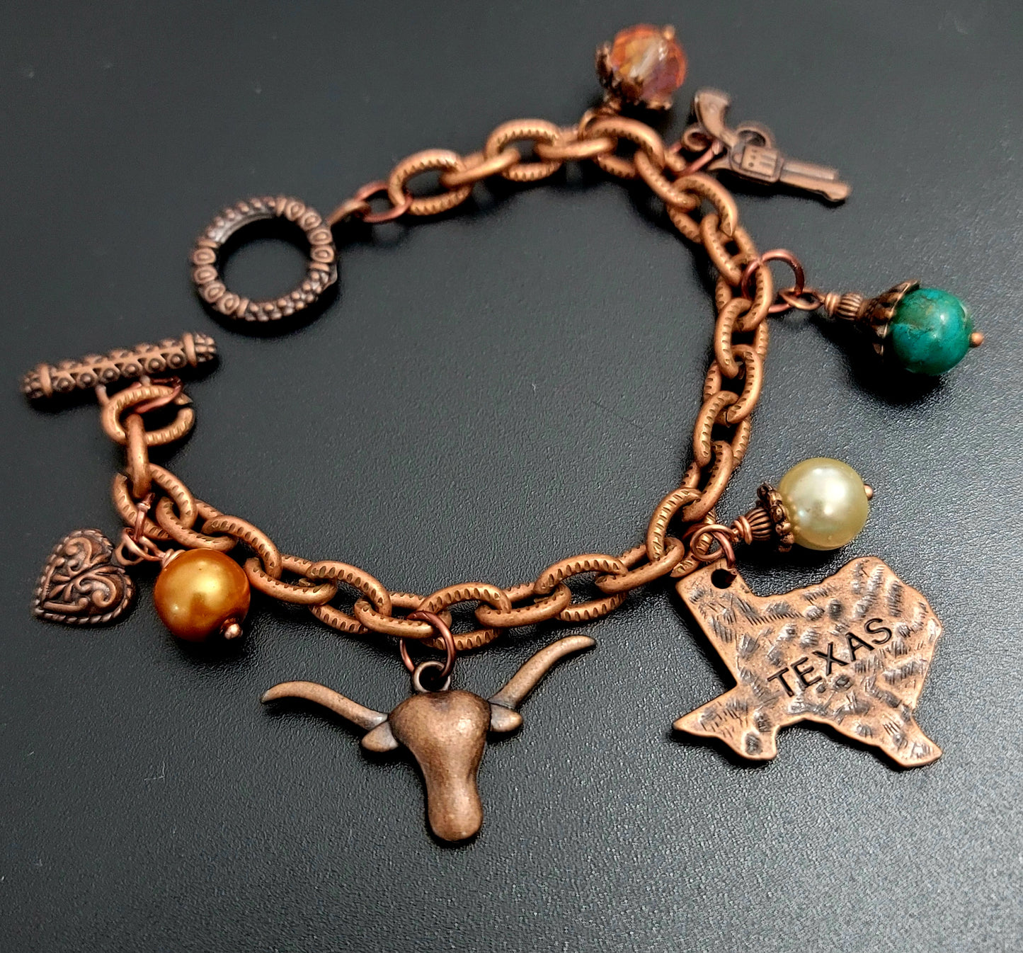 Rustic Texas Charm Bracelet – Antique Copper with Imperial Jasper & Glass Pearls