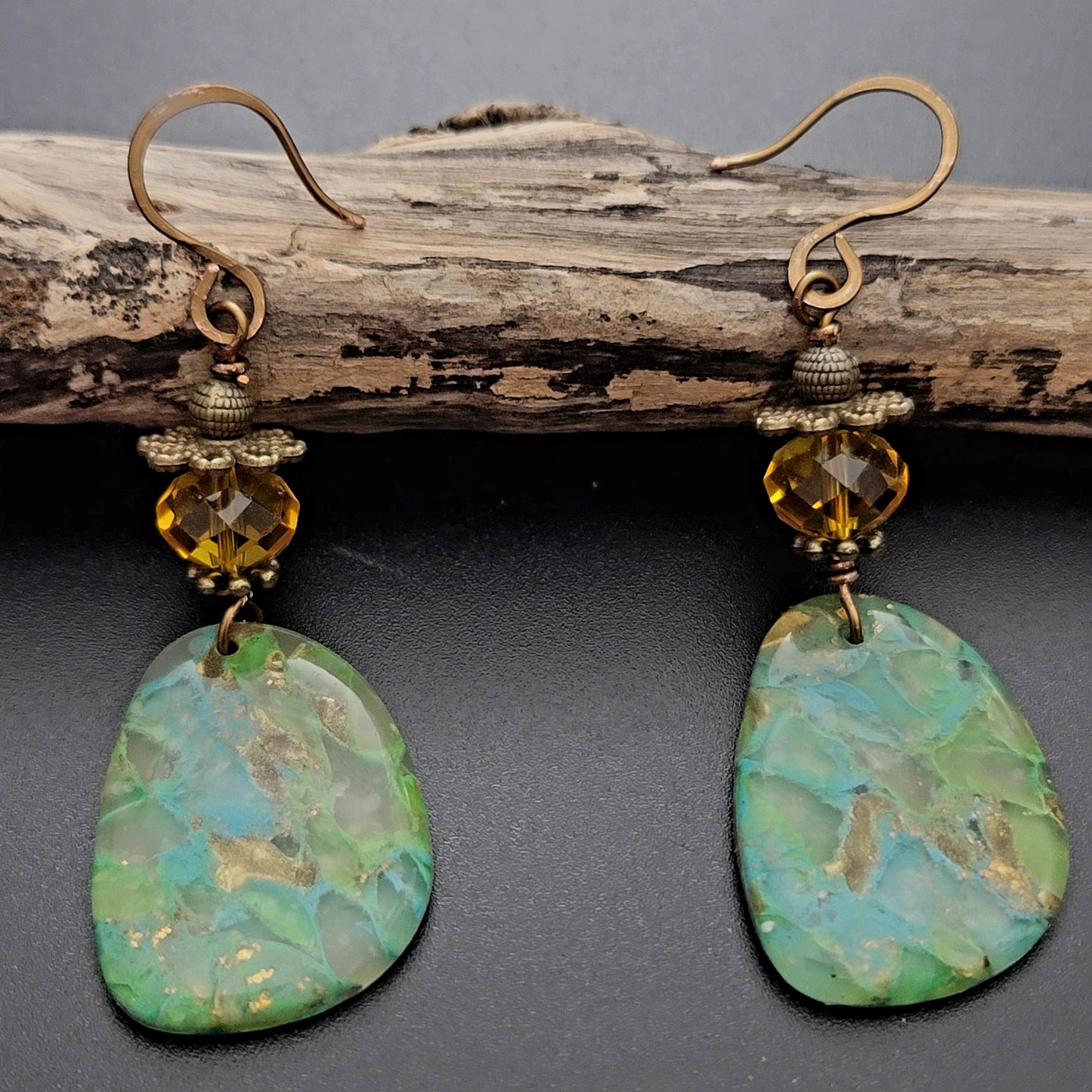 Sofia: Green & Blue Polymer Clay Earrings with Crystal & Brass Accents