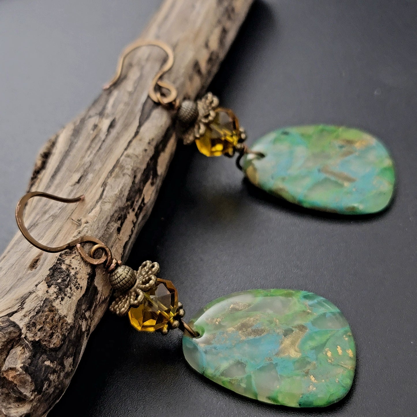 Sofia: Green & Blue Polymer Clay Earrings with Crystal & Brass Accents