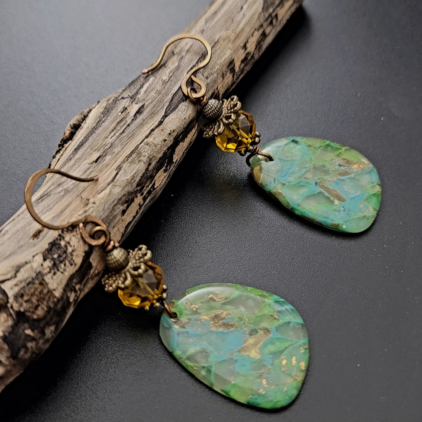 Sofia: Green & Blue Polymer Clay Earrings with Crystal & Brass Accents