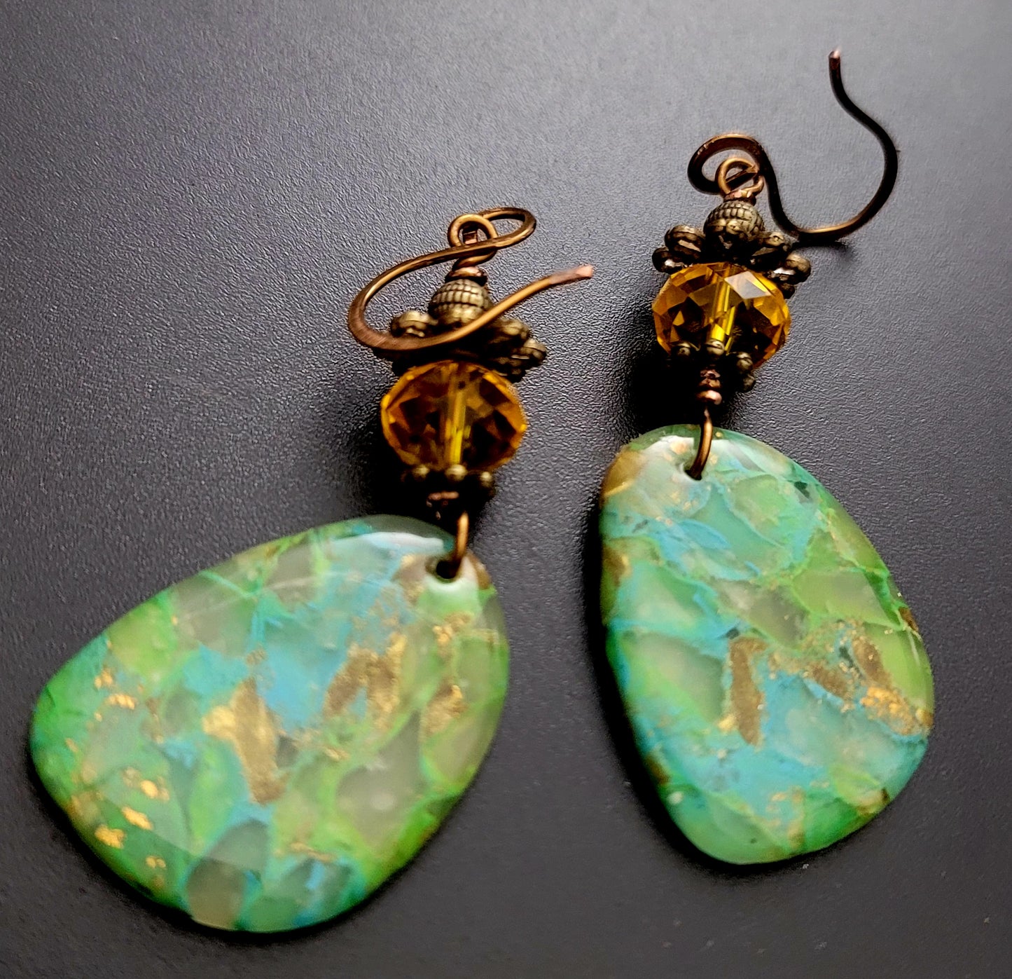 Sofia: Green & Blue Polymer Clay Earrings with Crystal & Brass Accents