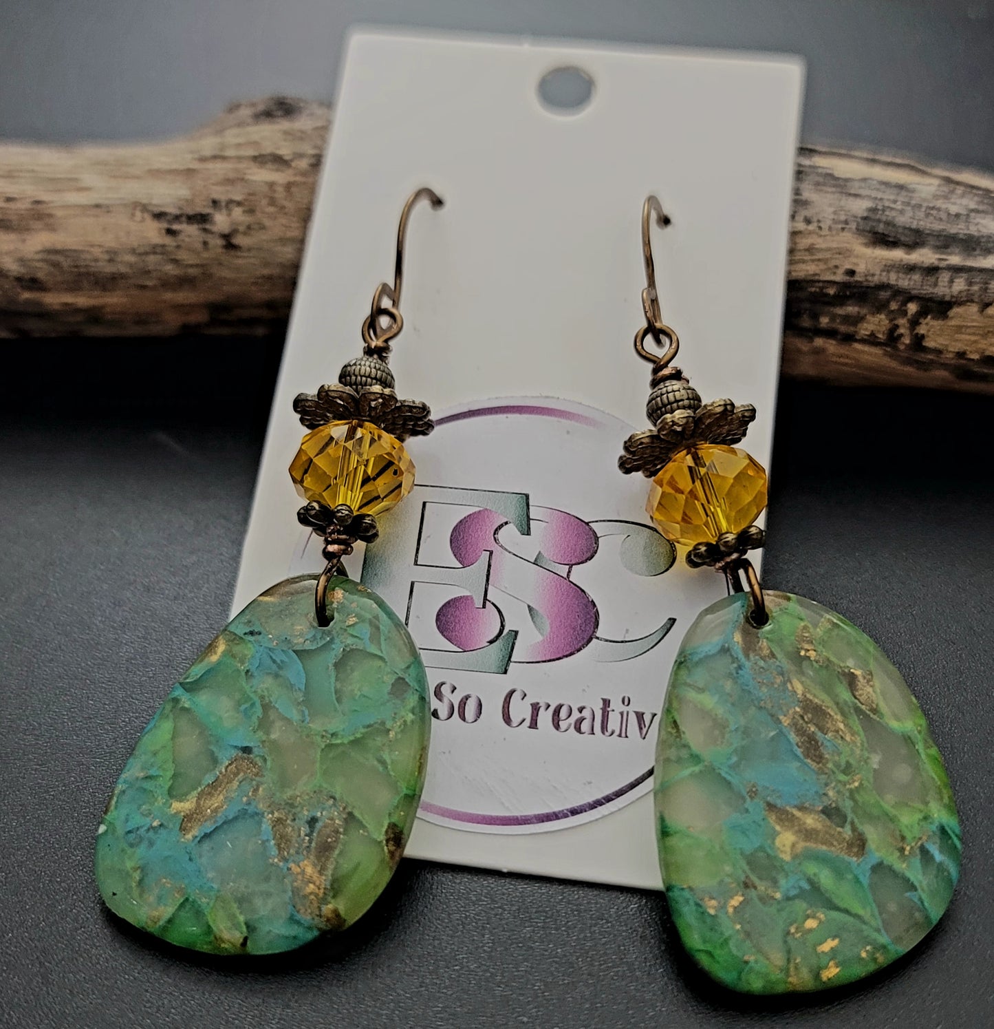 Sofia: Green & Blue Polymer Clay Earrings with Crystal & Brass Accents