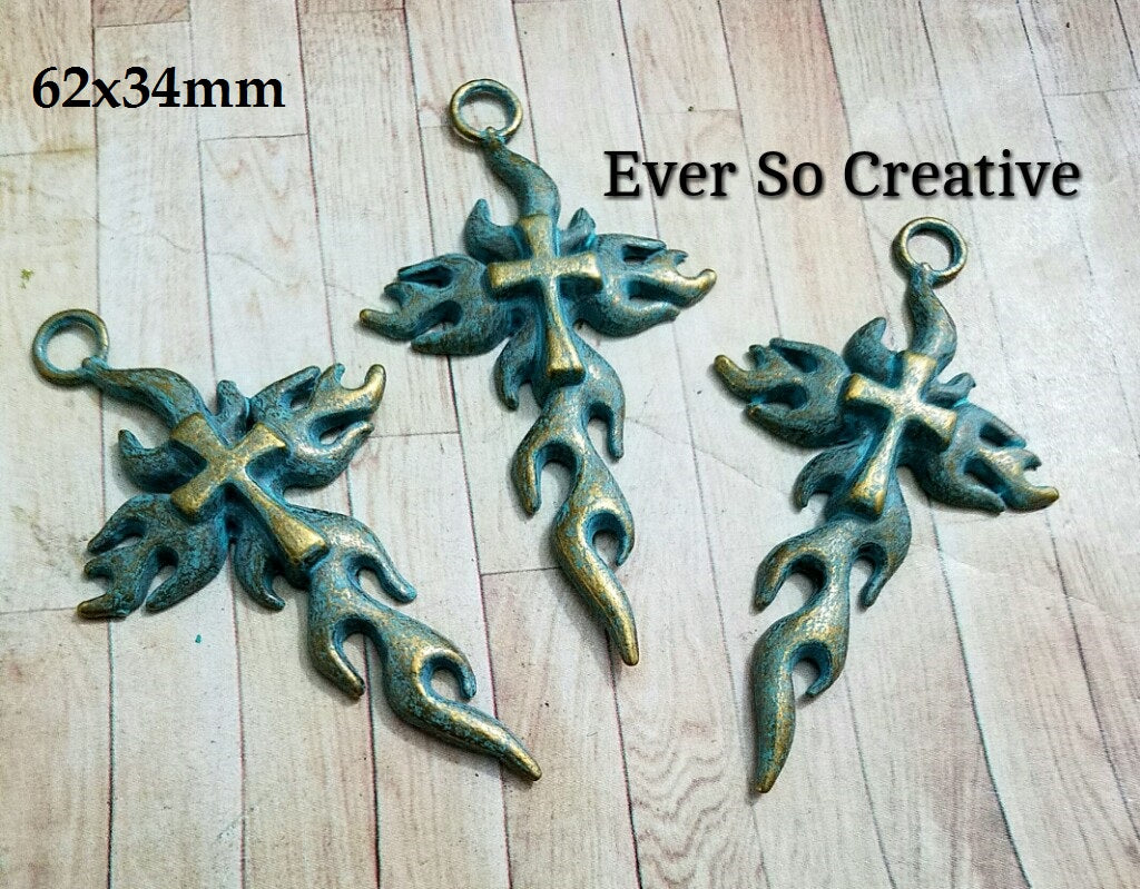 ESC-CR49: Patina Flame Cross Pendants: 64x34mm