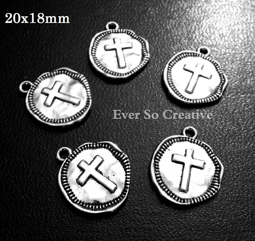 ESC-CR83: Antique Silver Cross Coin Charms: 20x18mm: 6pcs
