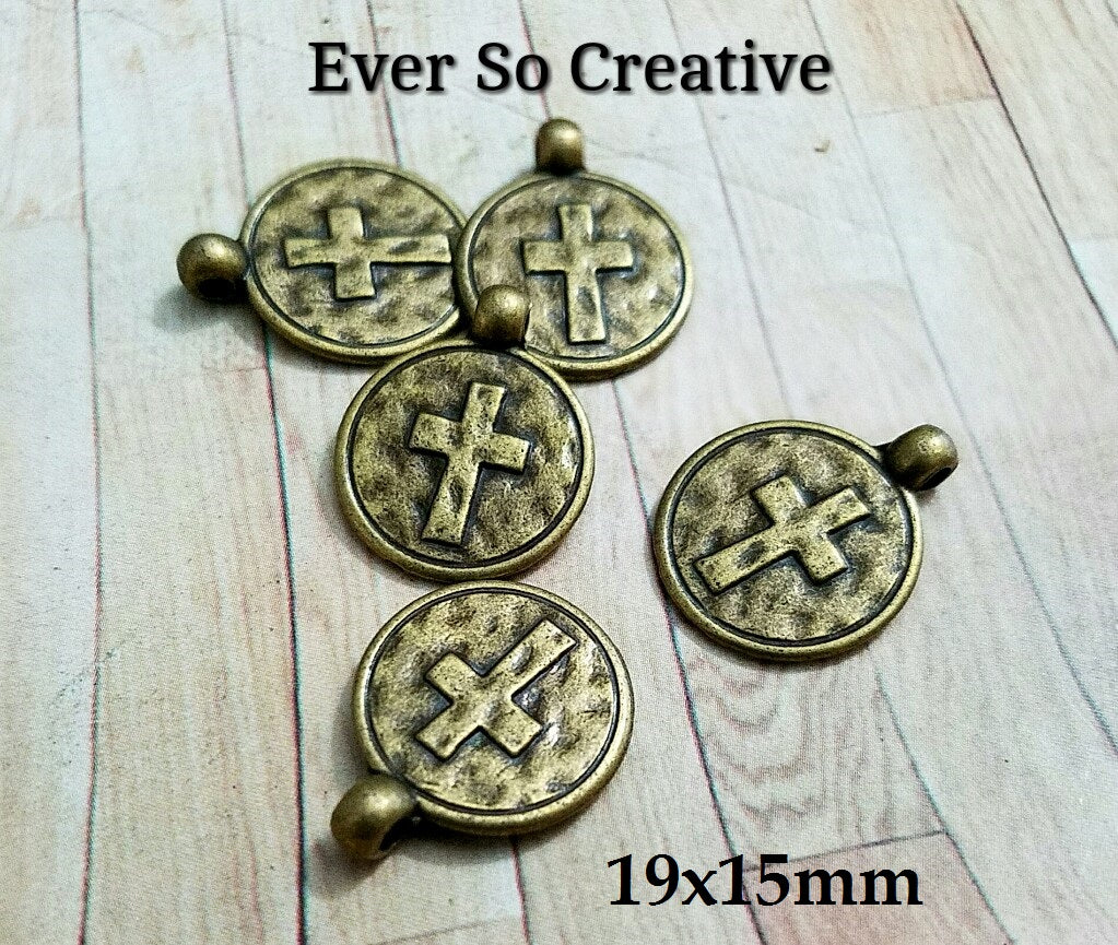 ESC-CR86: Antique Brass Coin Cross Charms: 19x15mm: 6pcs