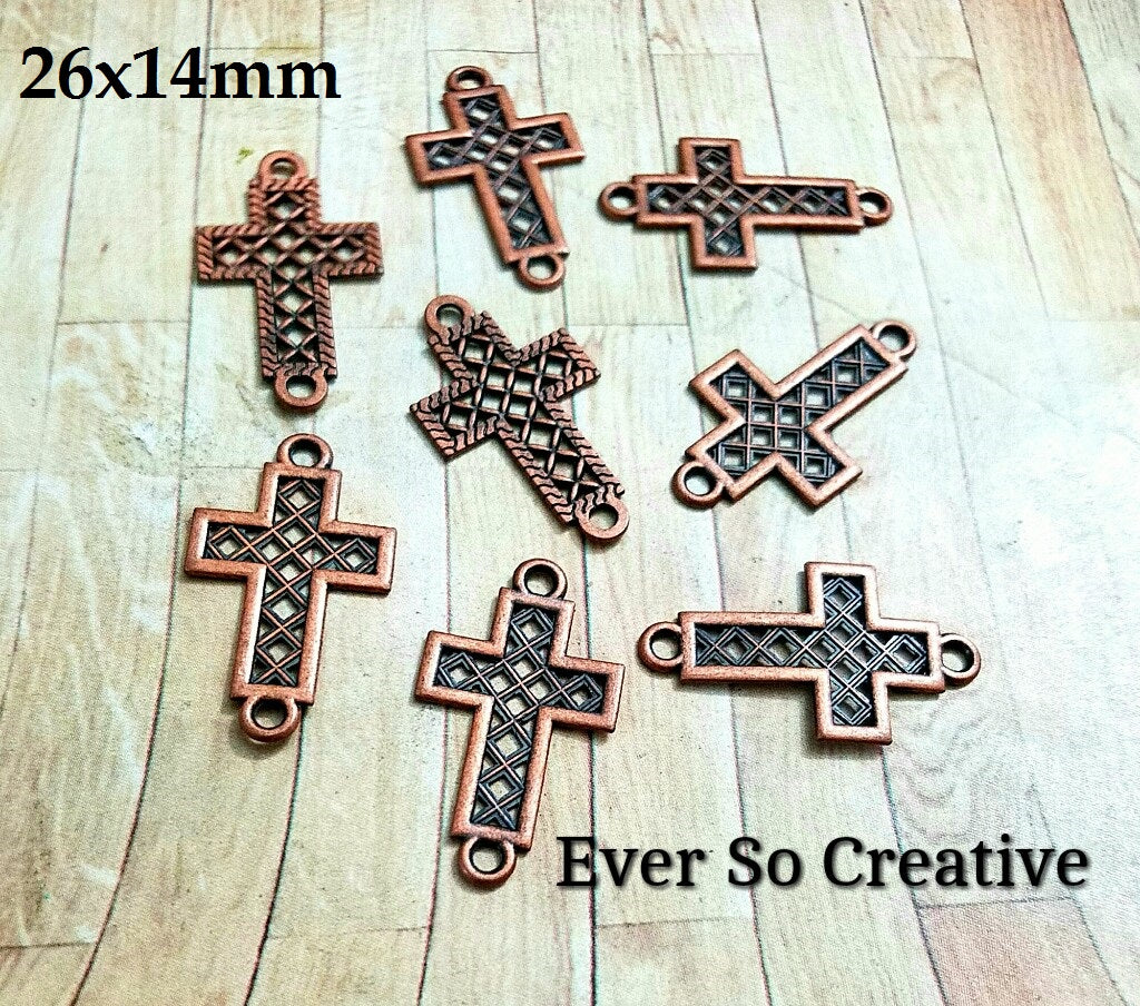 ESC-CR28: Antique Copper Filigree Cross Connector Charms: 26x14mm