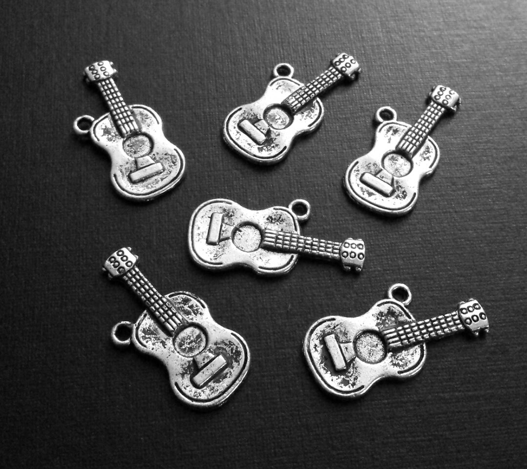ESC-SA42: Antique Silver Guitar Charm: 25x11mm