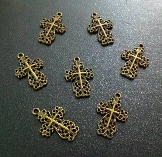 ESC-CR88: Antique Brass Filigree Cross Charms: 21x13mm: 10pcs