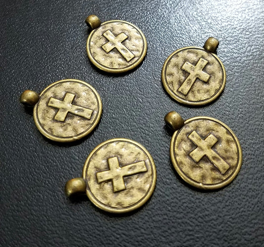 ESC-CR86: Antique Brass Coin Cross Charms: 19x15mm: 6pcs