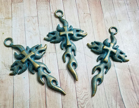 ESC-CR49: Patina Flame Cross Pendants: 64x34mm
