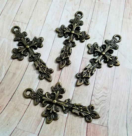 ESC-CR74: Antique Brass Le Fleur Cross Pendant: 46x24mm:5pcs
