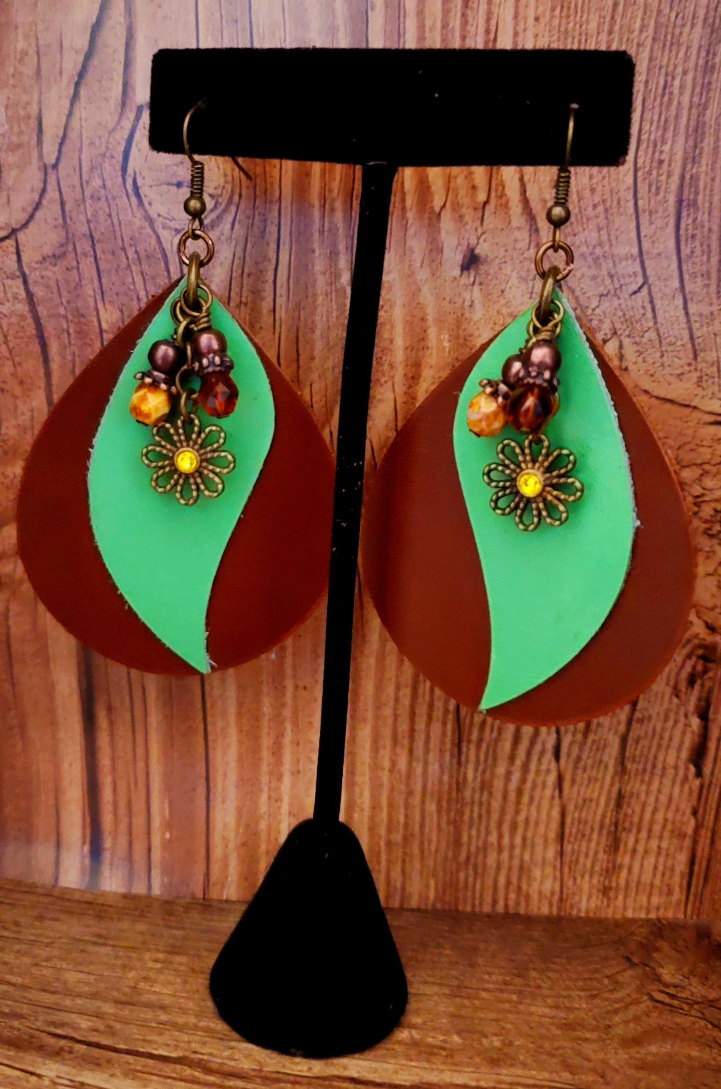 Faux Leather: Brown/Jade Oval Earrings