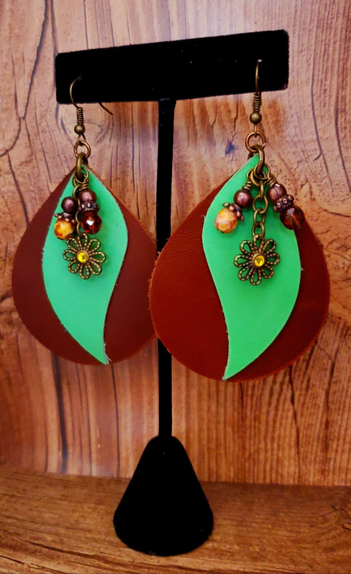 Faux Leather: Brown/Jade Oval Earrings