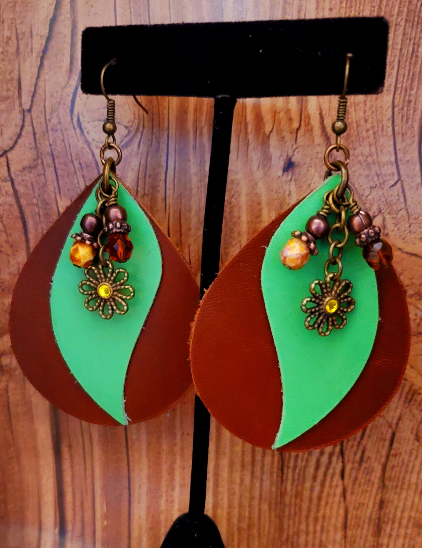 Faux Leather: Brown/Jade Oval Earrings