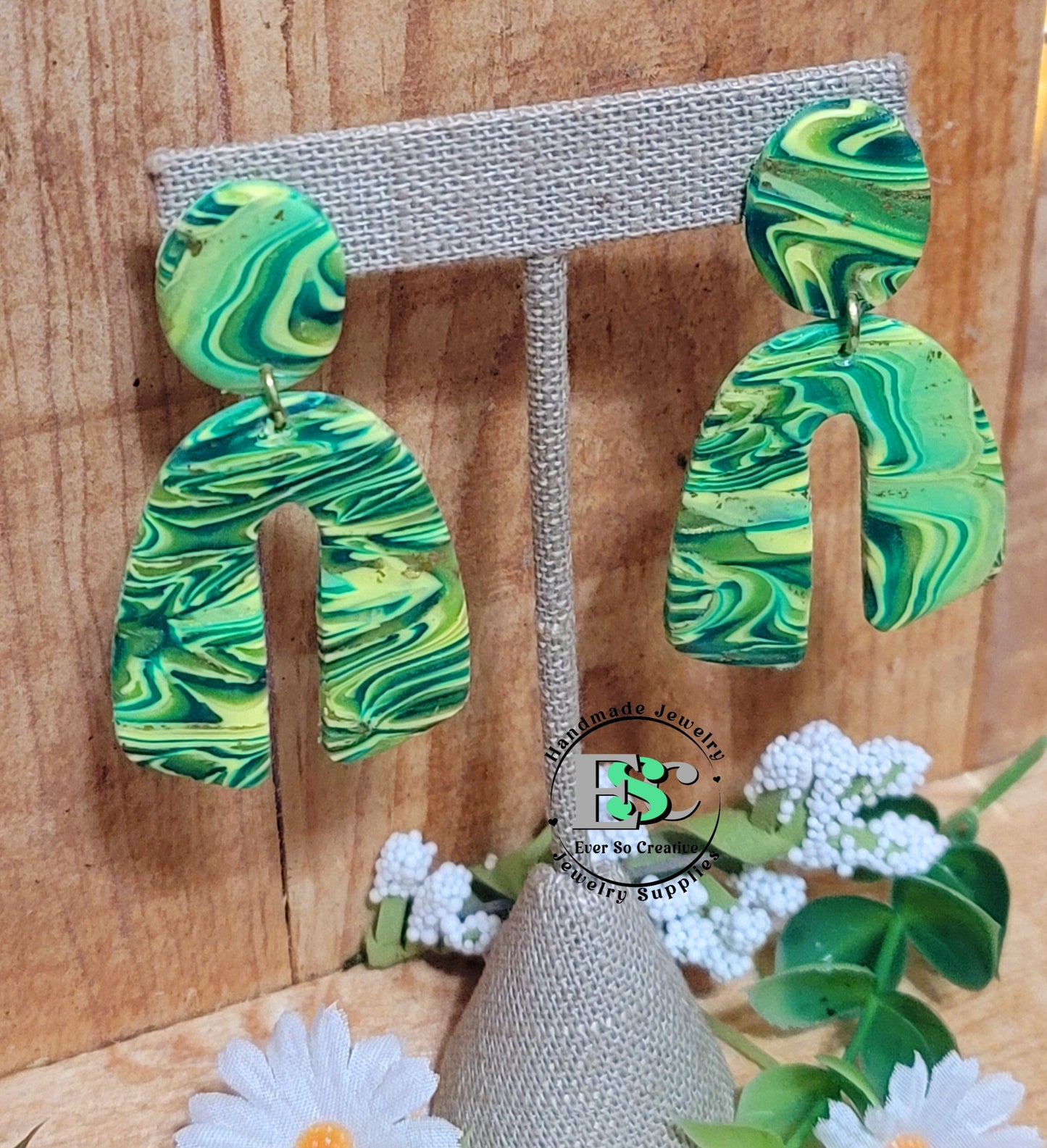 Amargos: Green, Hunter Green & Yellow Kato Polymer Clay Scallop Earrings