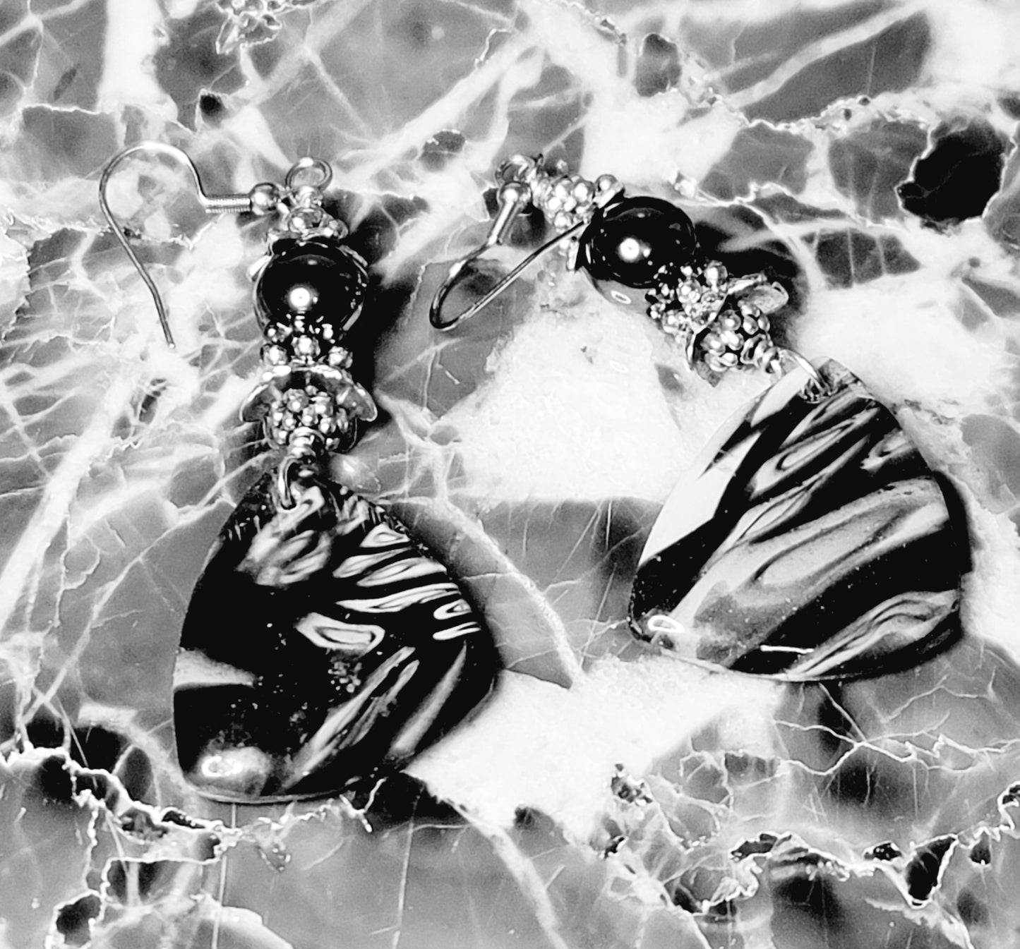 Larrisa: Black and White Polymer Clay and Hematite Stone Earrings