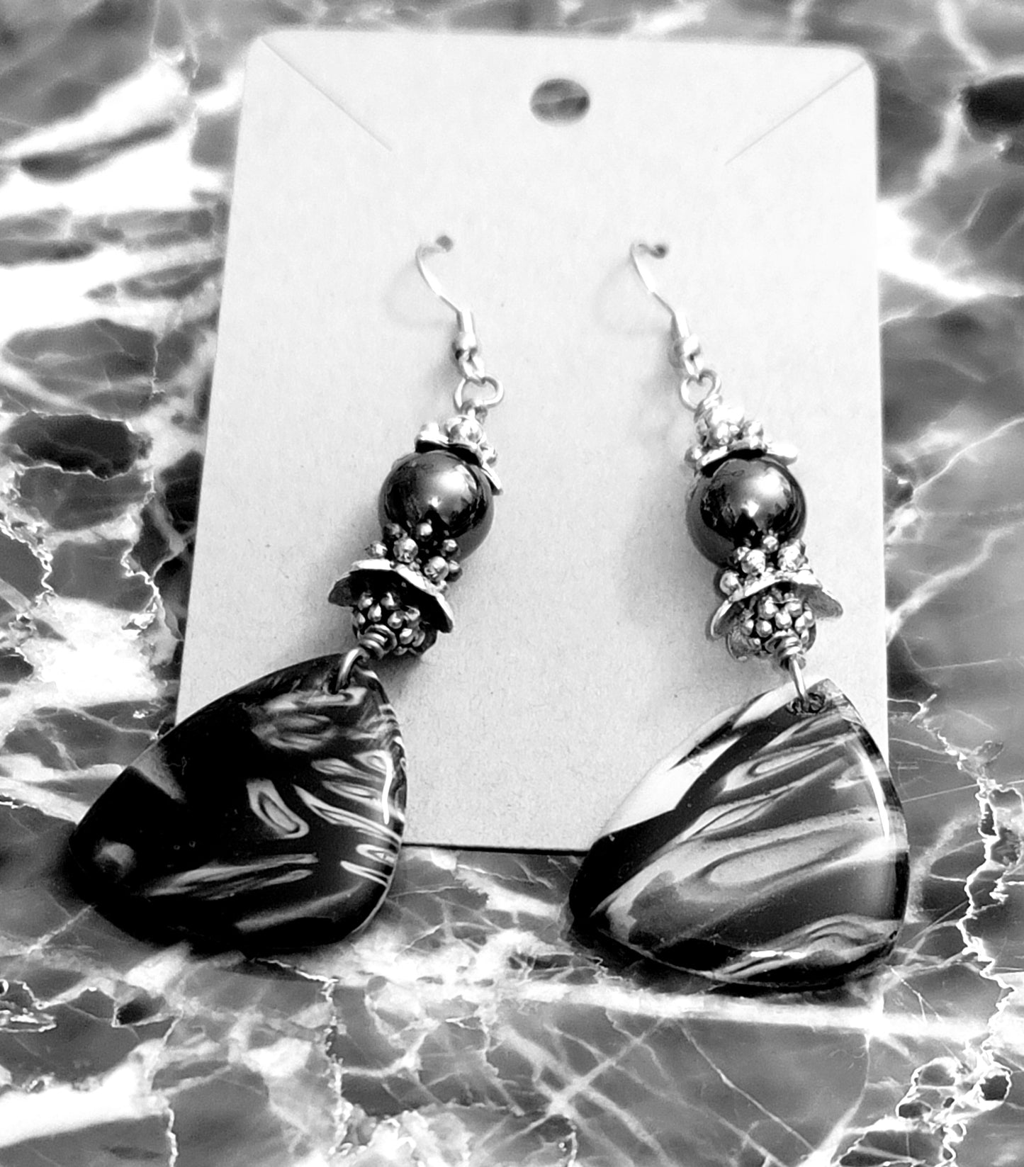 Larrisa: Black and White Polymer Clay and Hematite Stone Earrings