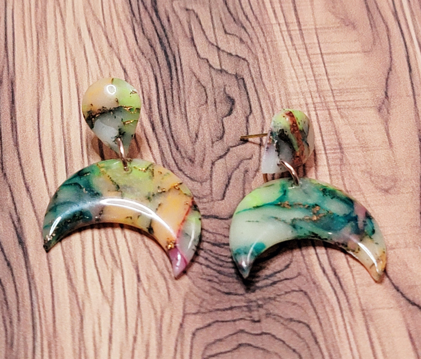 LunaElena: Translucent Inked Polymer Clay Earrings: Moon Shape