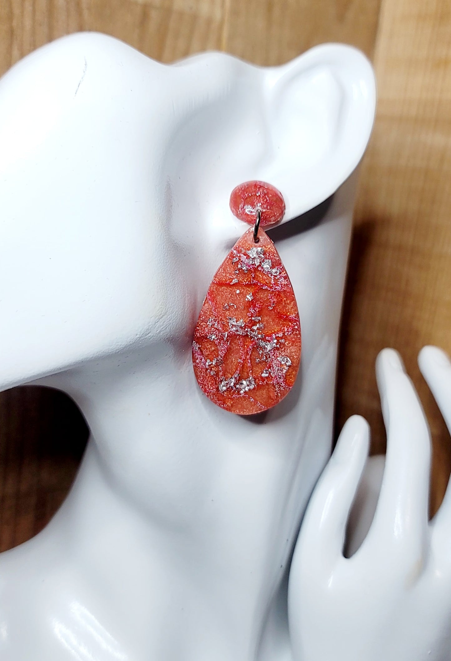 Monserat:  Red/Orange and Pink Polymer Clay Earrings with Silver Flakes