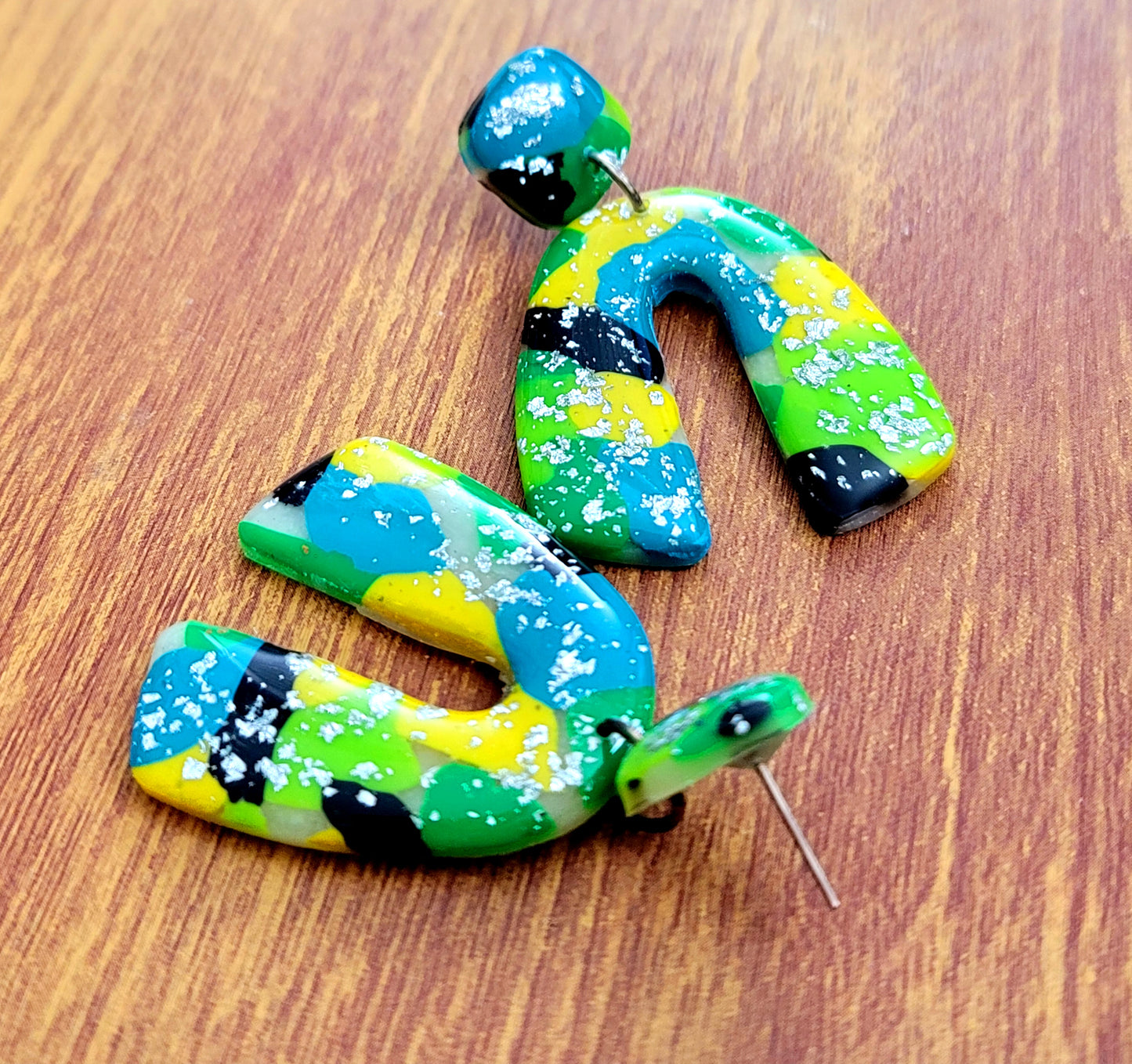 Angela: Black/Green/Blue/Yellow Polymer Clay Earrings with Silver Flakes