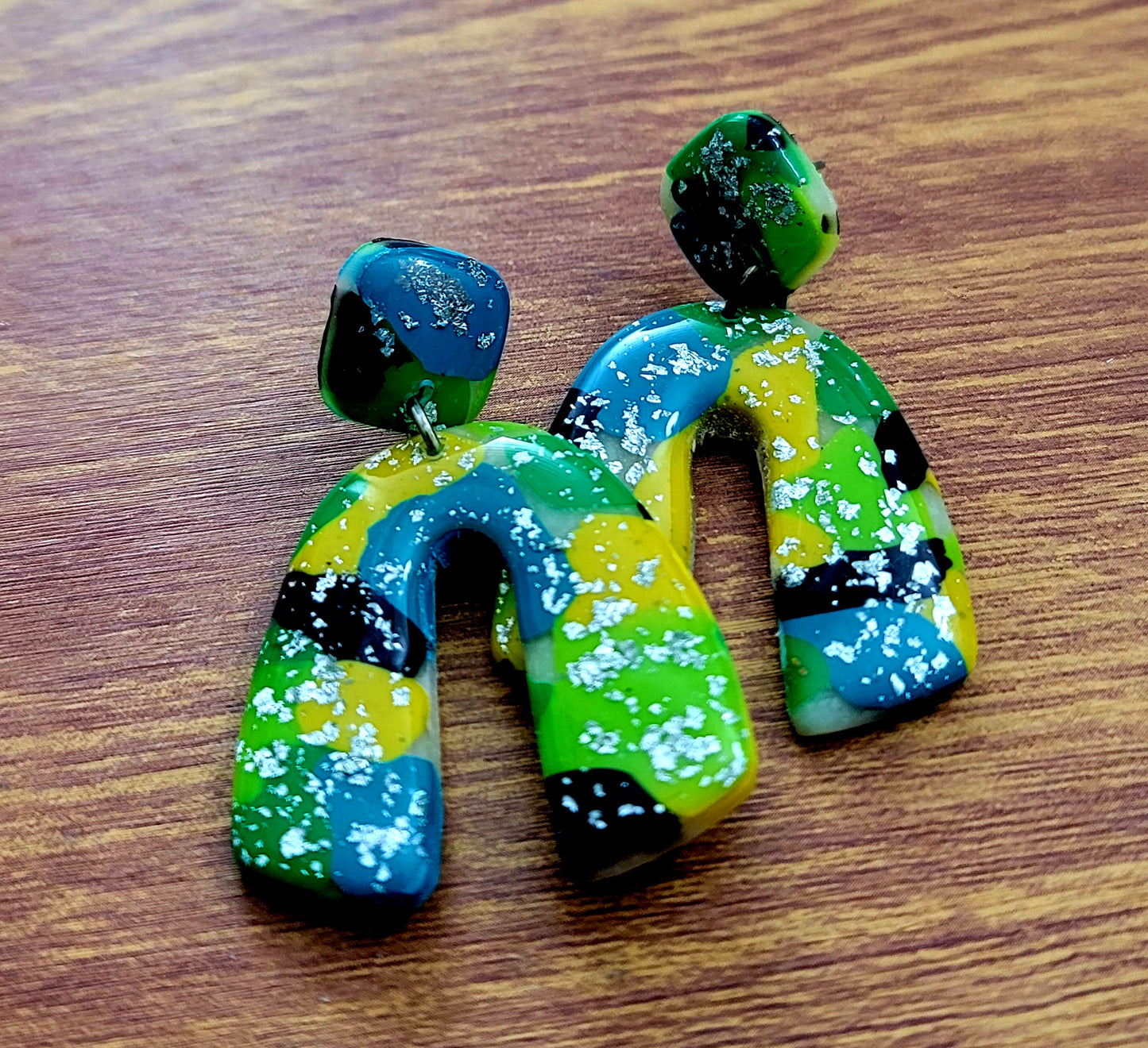 Angela: Black/Green/Blue/Yellow Polymer Clay Earrings with Silver Flakes