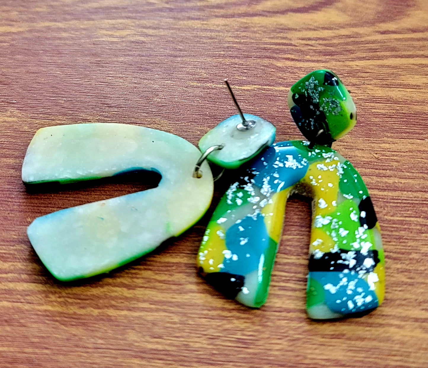 Angela: Black/Green/Blue/Yellow Polymer Clay Earrings with Silver Flakes