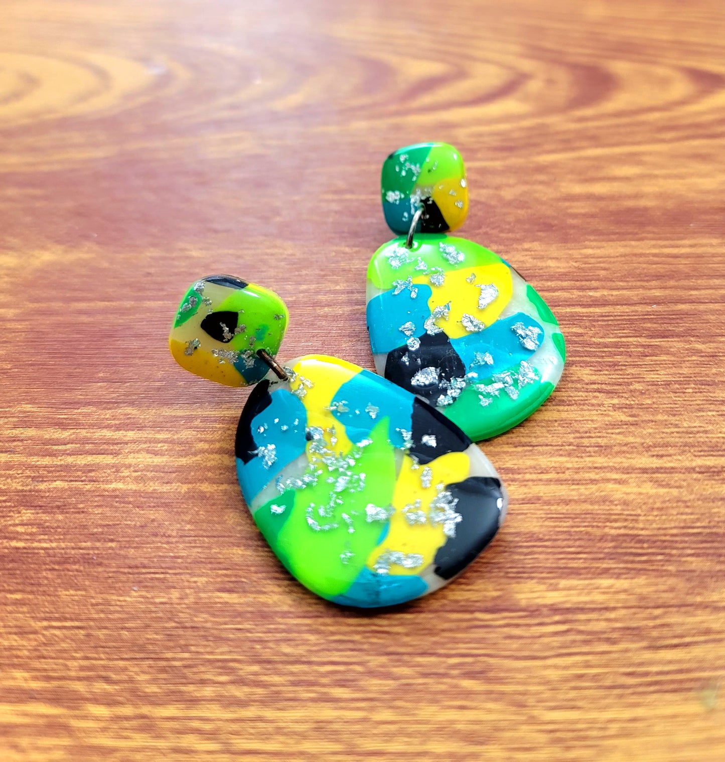 Pamela:  Black/Green/Blue/Yellow Semi Circle Polymer Clay Earrings with Silver Flakes