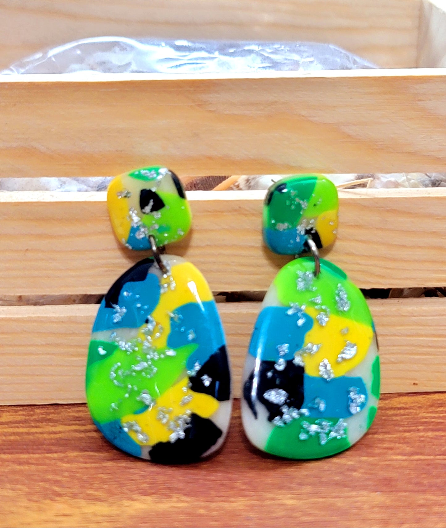 Pamela:  Black/Green/Blue/Yellow Semi Circle Polymer Clay Earrings with Silver Flakes