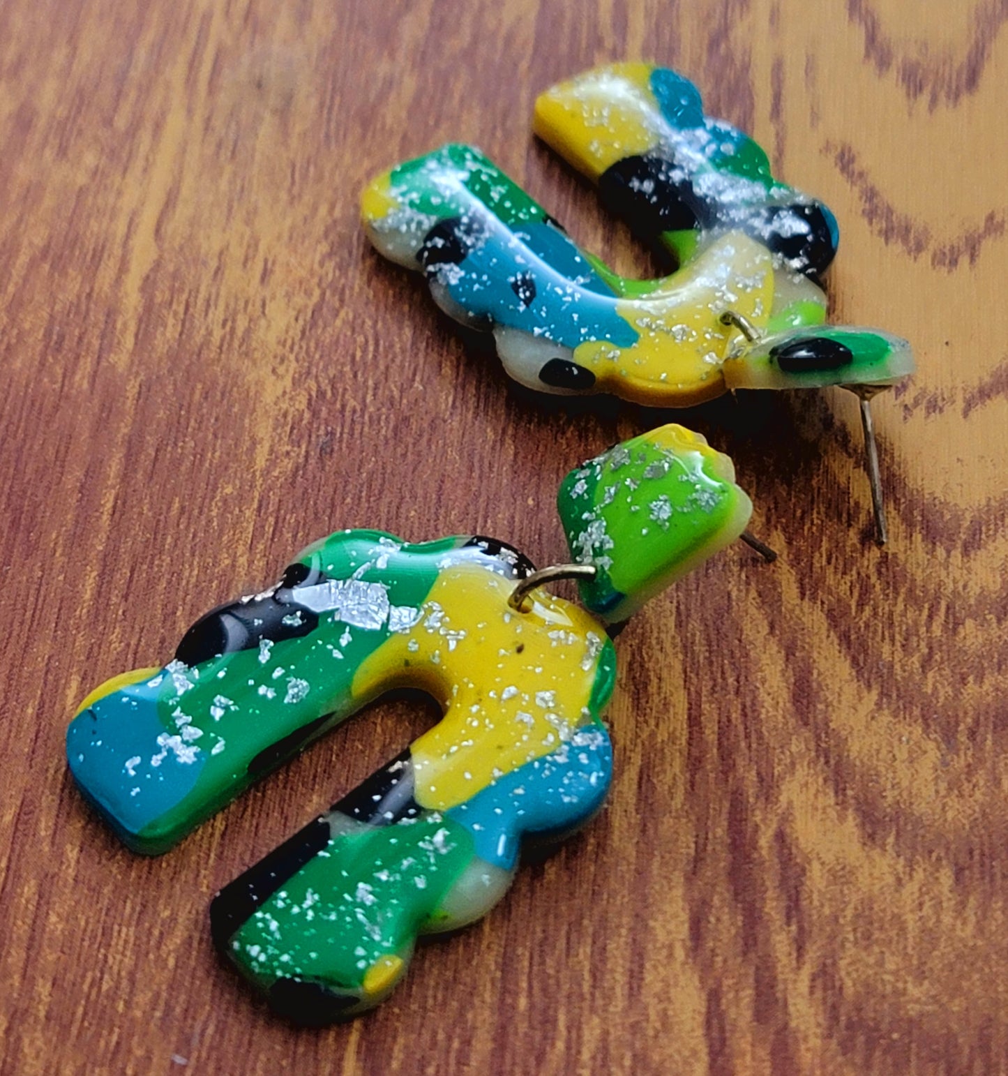 Antonia:  Black/Green/Blue/Yellow Polymer Clay Earrings with Silver Flakes