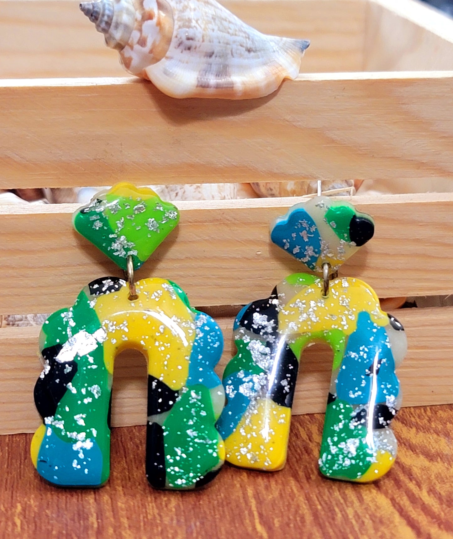 Antonia:  Black/Green/Blue/Yellow Polymer Clay Earrings with Silver Flakes