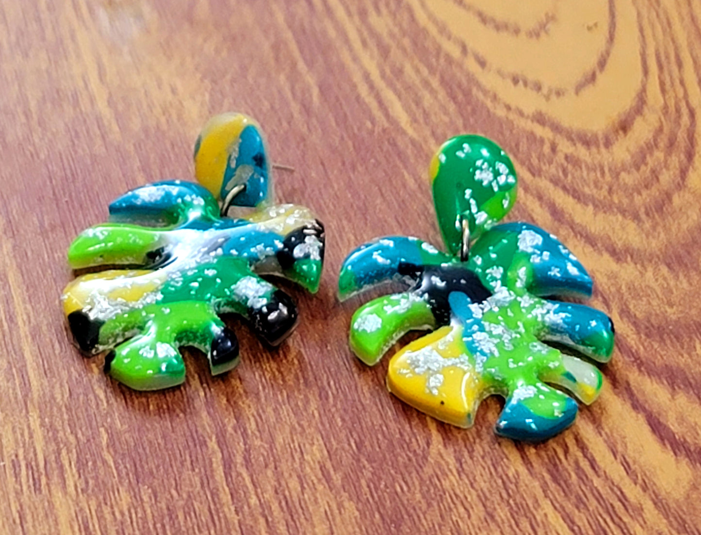 Roberta:  Black/Green/Blue/Yellow Polymer Clay Earrings with Silver Flakes