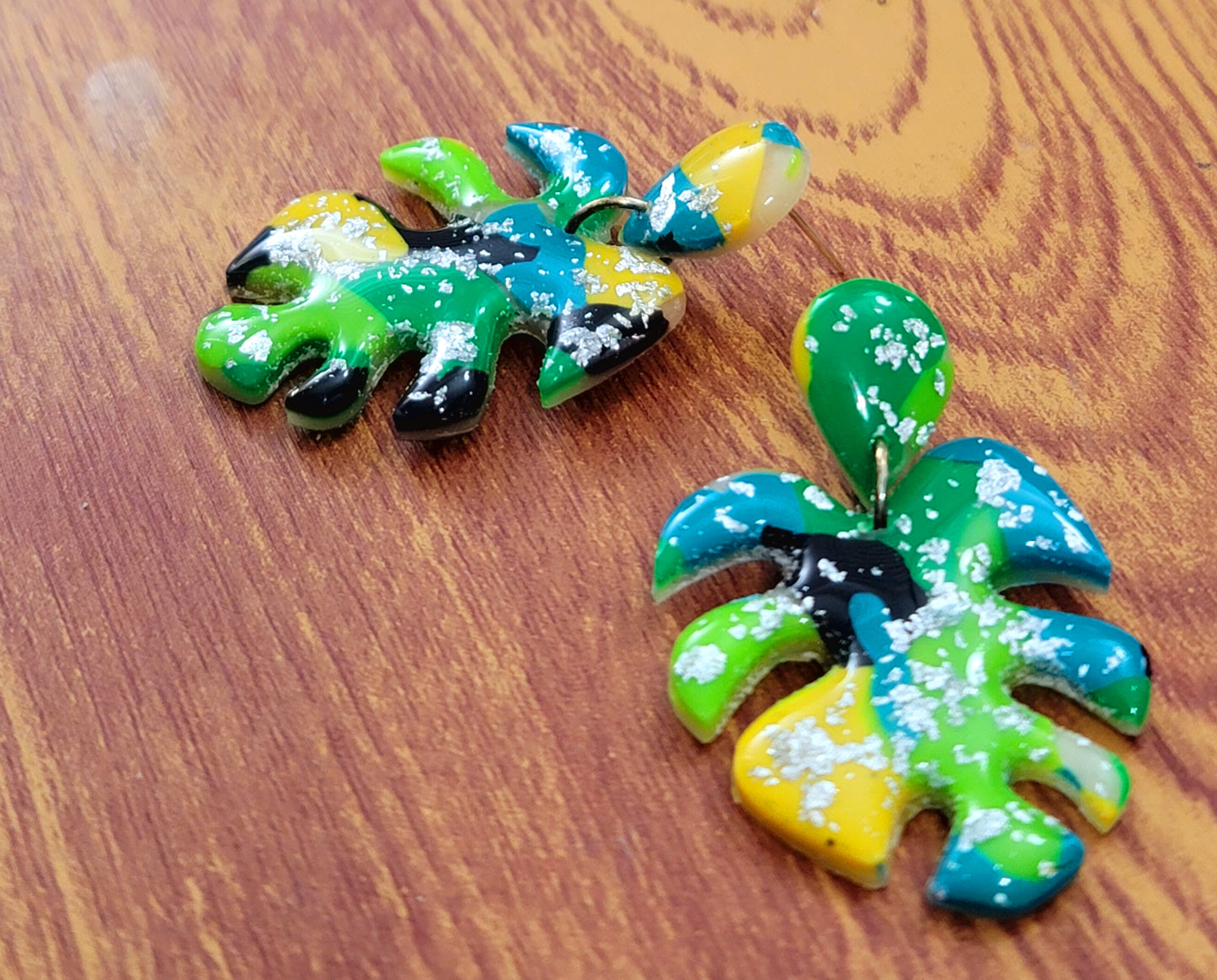 Roberta:  Black/Green/Blue/Yellow Polymer Clay Earrings with Silver Flakes