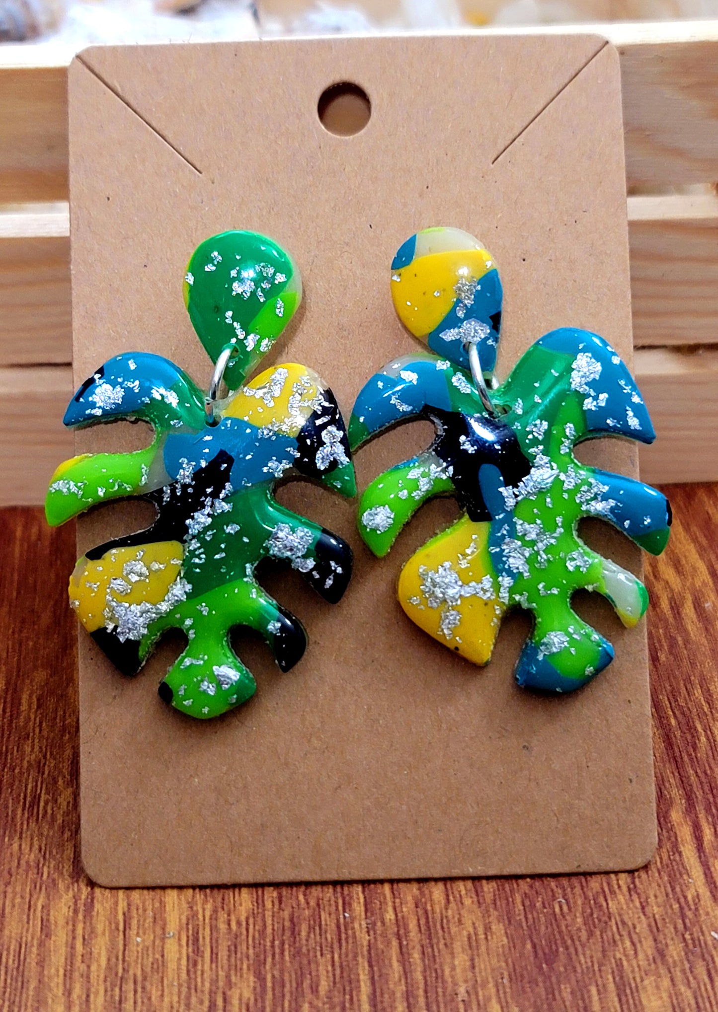 Roberta:  Black/Green/Blue/Yellow Polymer Clay Earrings with Silver Flakes