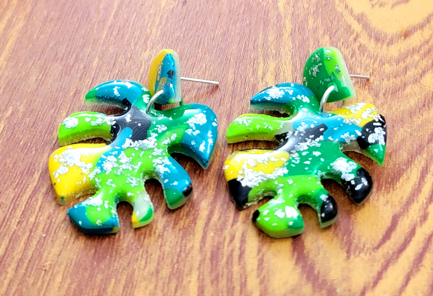 Roberta:  Black/Green/Blue/Yellow Polymer Clay Earrings with Silver Flakes