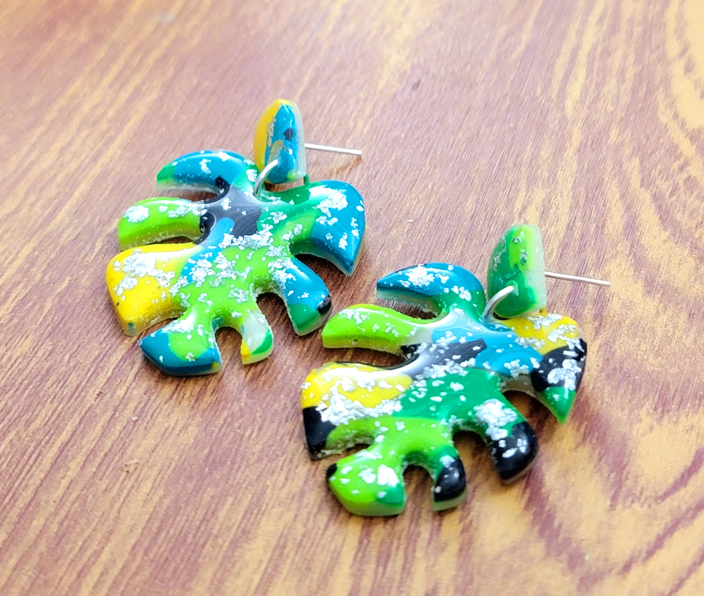 Roberta:  Black/Green/Blue/Yellow Polymer Clay Earrings with Silver Flakes