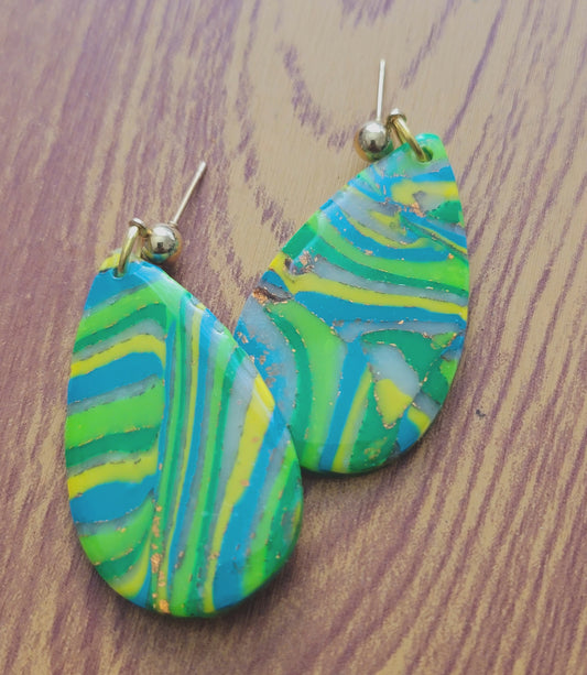 Alexandra: Green-Yellow-Turquoise & Transparent Sculpey and Kato Polymer Clay Earrings with Gold Flakes