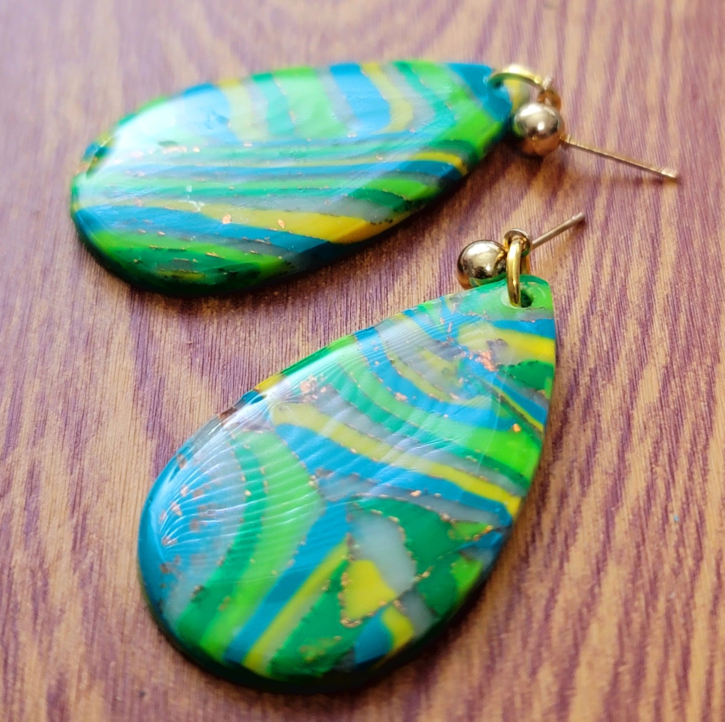 Alexandra: Green-Yellow-Turquoise & Transparent Sculpey and Kato Polymer Clay Earrings with Gold Flakes