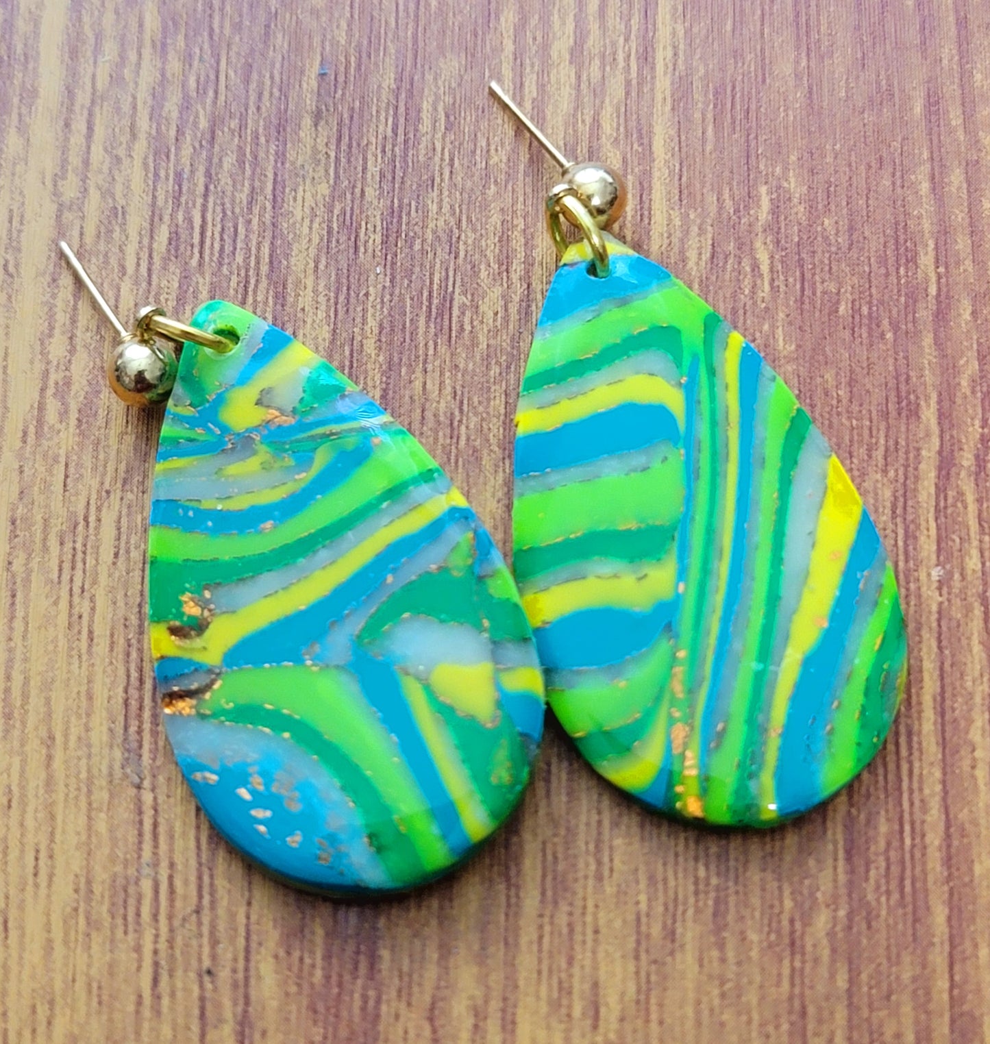 Alexandra: Green-Yellow-Turquoise & Transparent Sculpey and Kato Polymer Clay Earrings with Gold Flakes