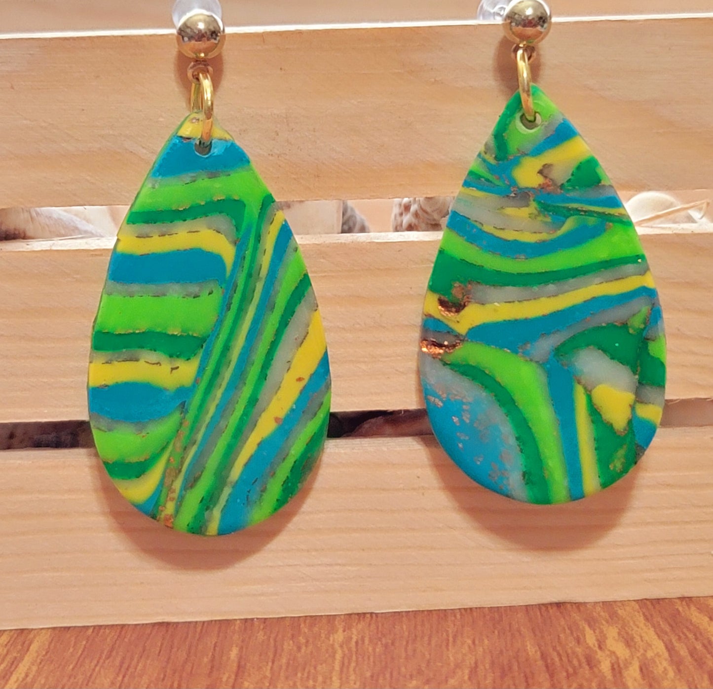 Alexandra: Green-Yellow-Turquoise & Transparent Sculpey and Kato Polymer Clay Earrings with Gold Flakes